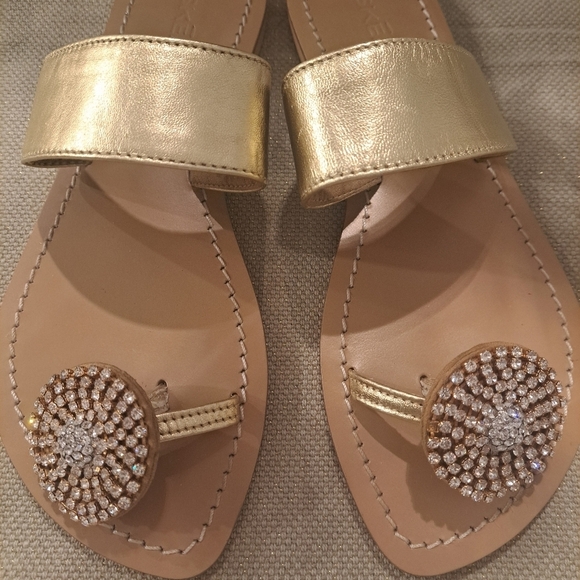 COPY - Skemo Gold Flat Sandals With Rhinestone Toe Ring - Picture 1 of 9